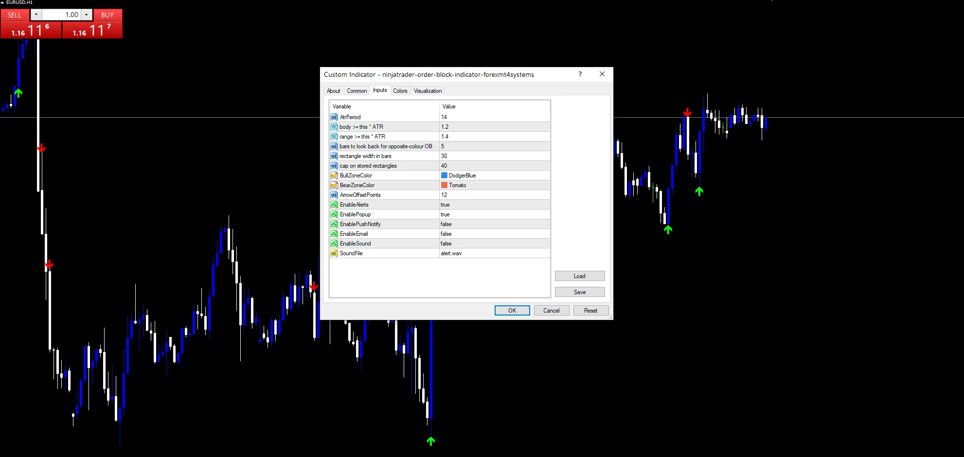 Ninjatrader Order Block Indicator - indicator inputs and settings panel