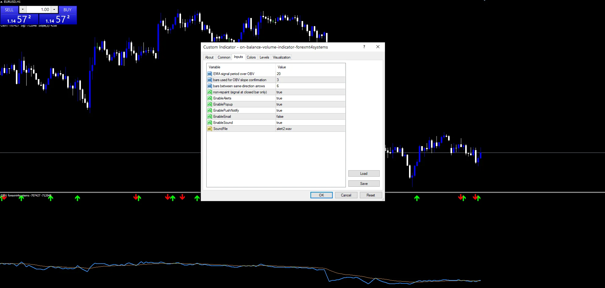 Obv - indicator inputs and settings panel