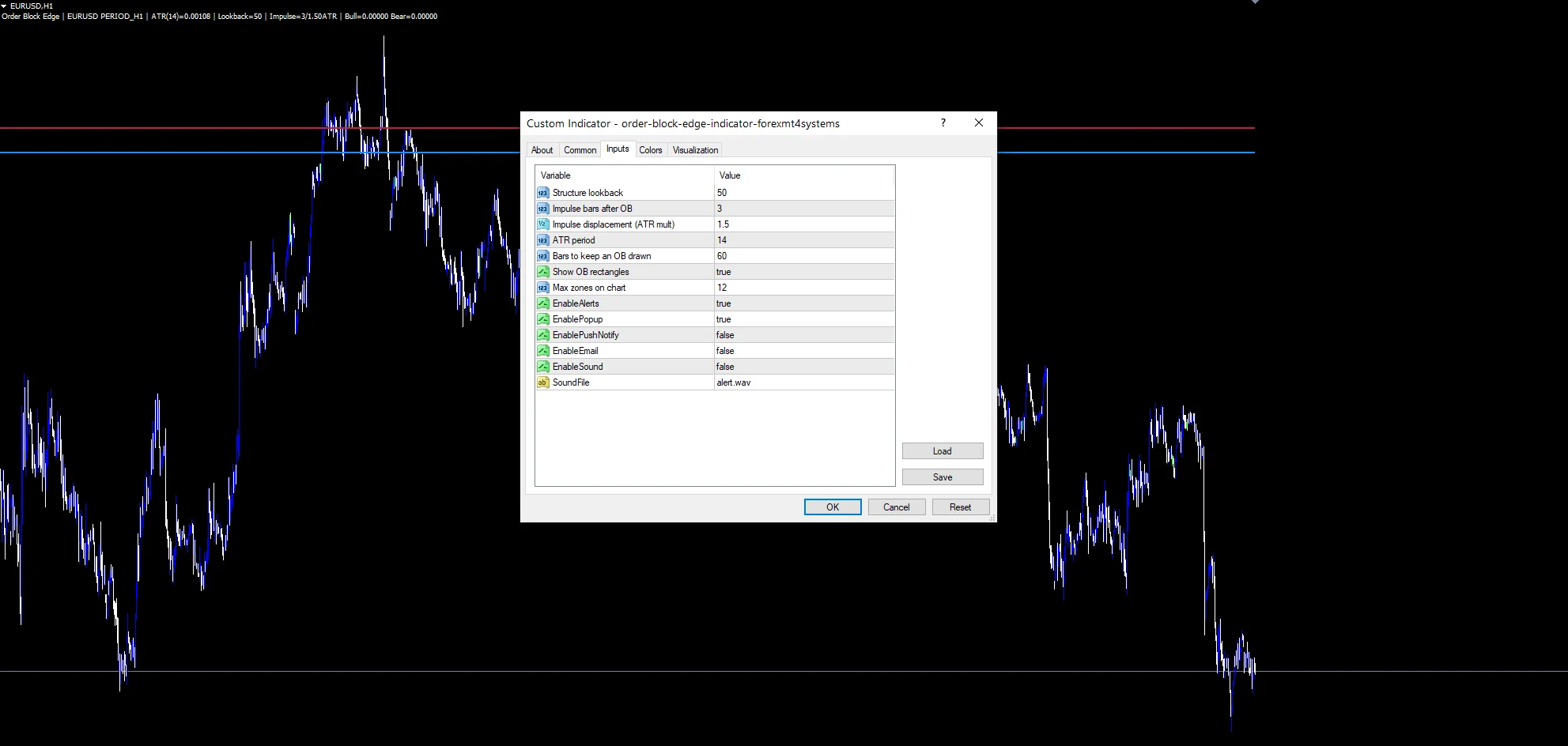 Order Block Edge Indicator - indicator inputs and settings panel