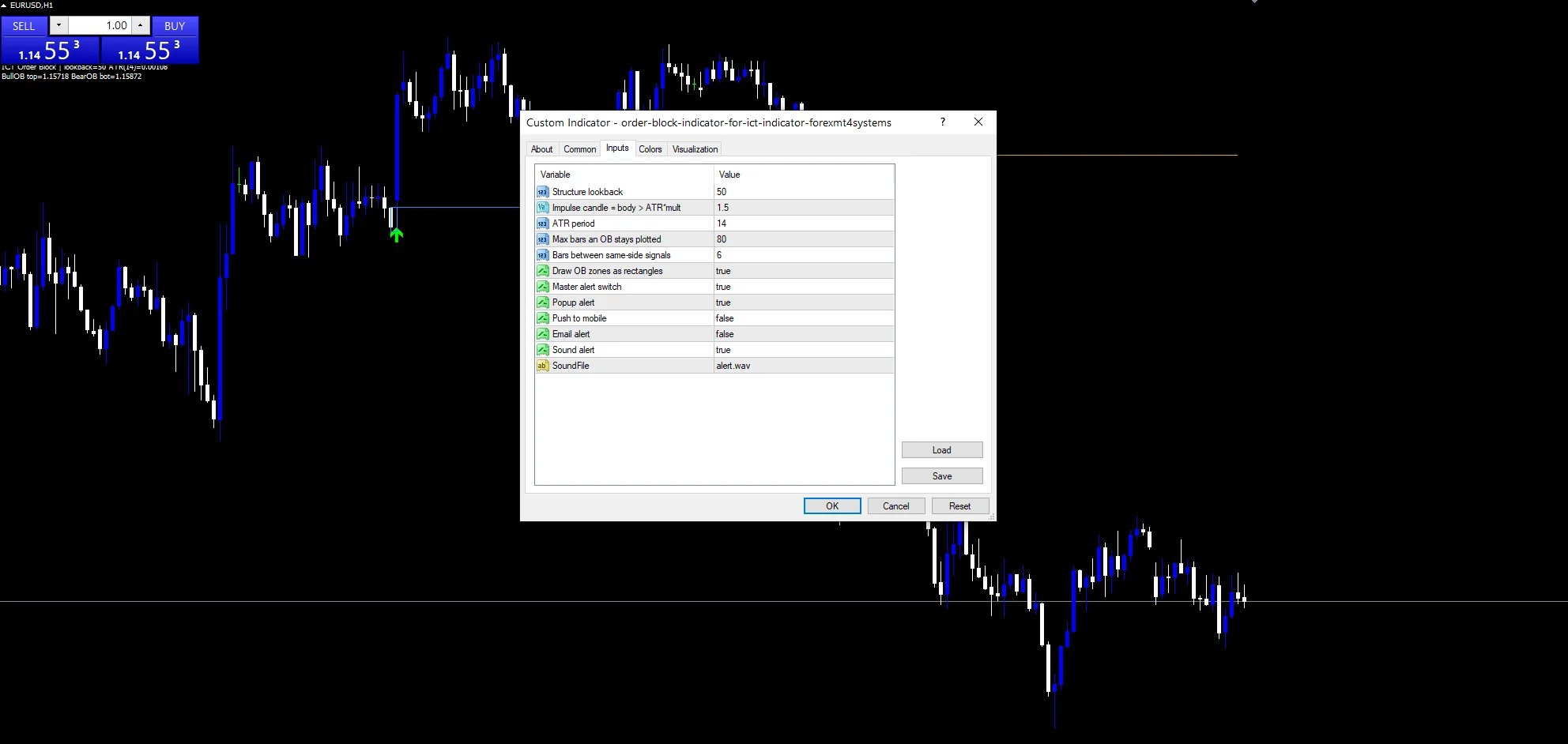 Order Block Indicator - indicator inputs and settings panel
