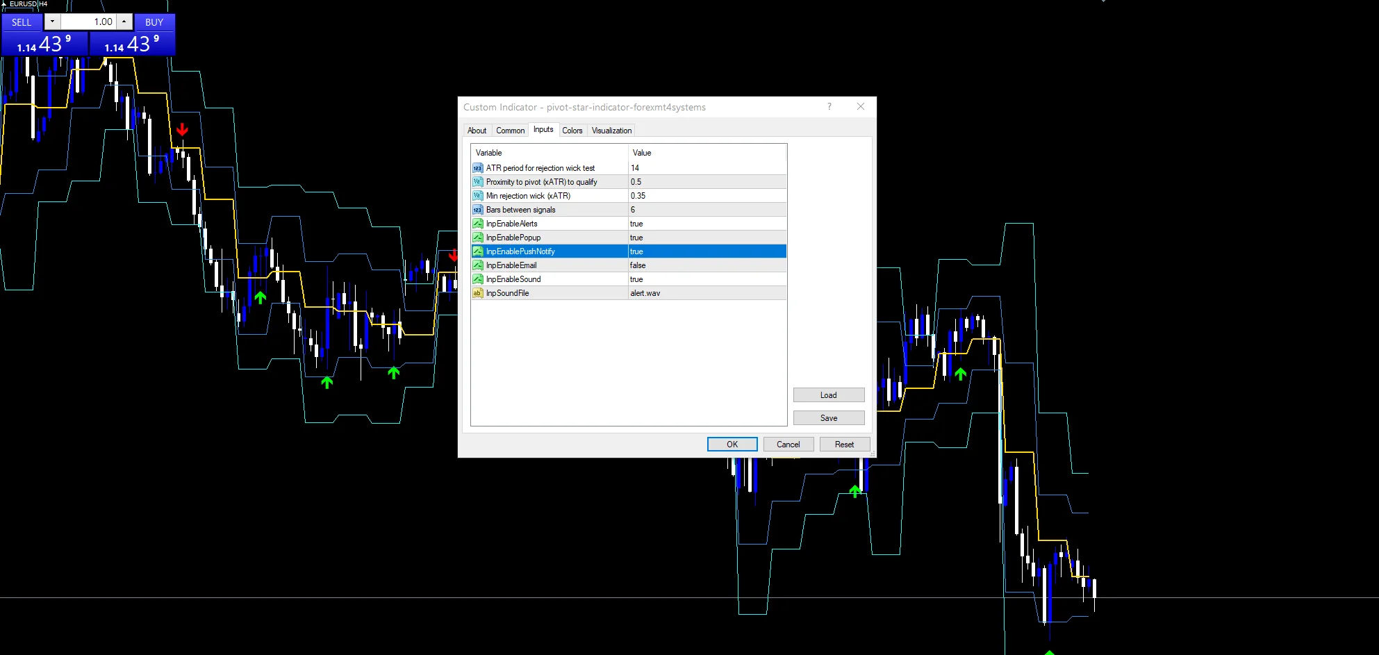 Pivot Star Indicator - indicator inputs and settings panel