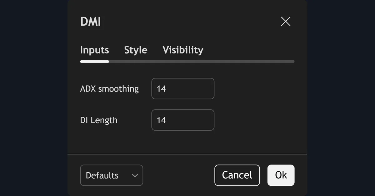 TradingView Directional Movement indicator settings dialog showing ADX smoothing and DI length