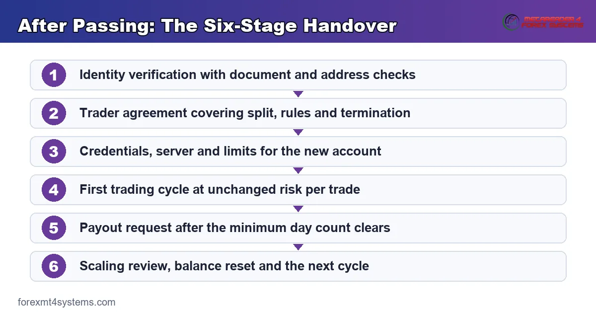 the six-stage handover after passing a prop firm challenge, from identity checks to the first payout
