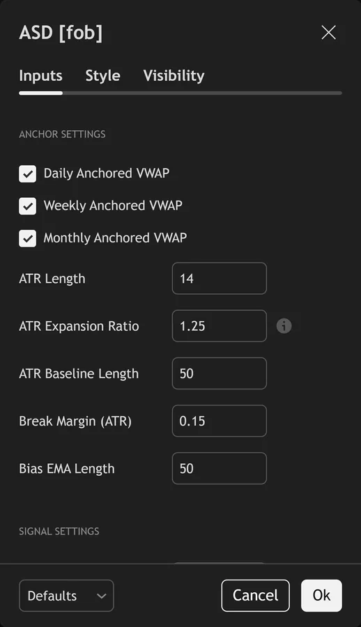 anchored VWAP indicator TradingView - Anchor Storm Detector inputs panel on TradingView