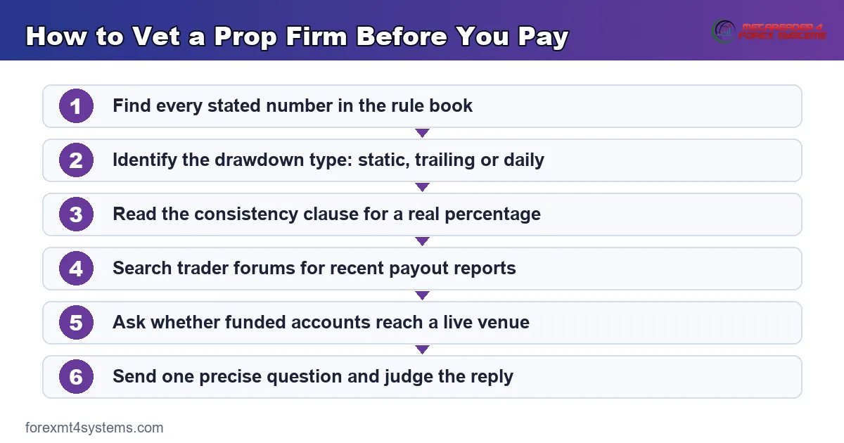 how to vet a prop firm before you pay, from the stated numbers to payout reports and a support test