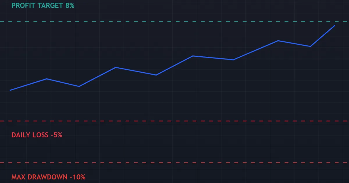 prop firm due diligence example - equity path under a stated daily cap and a ten percent drawdown floor