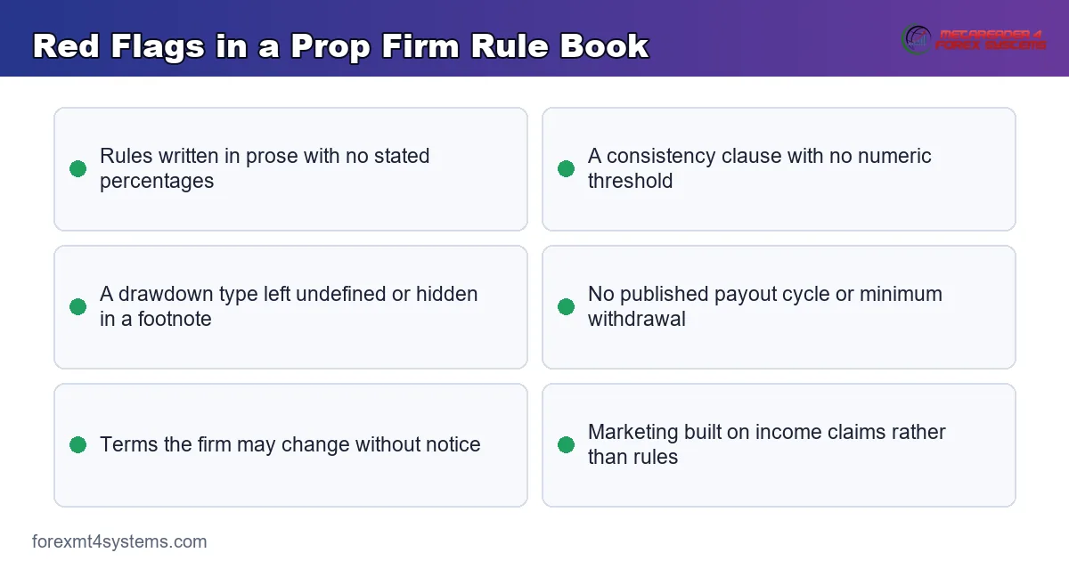 red flags in a prop firm rule book: vague clauses, hidden drawdown type and unstated payout terms