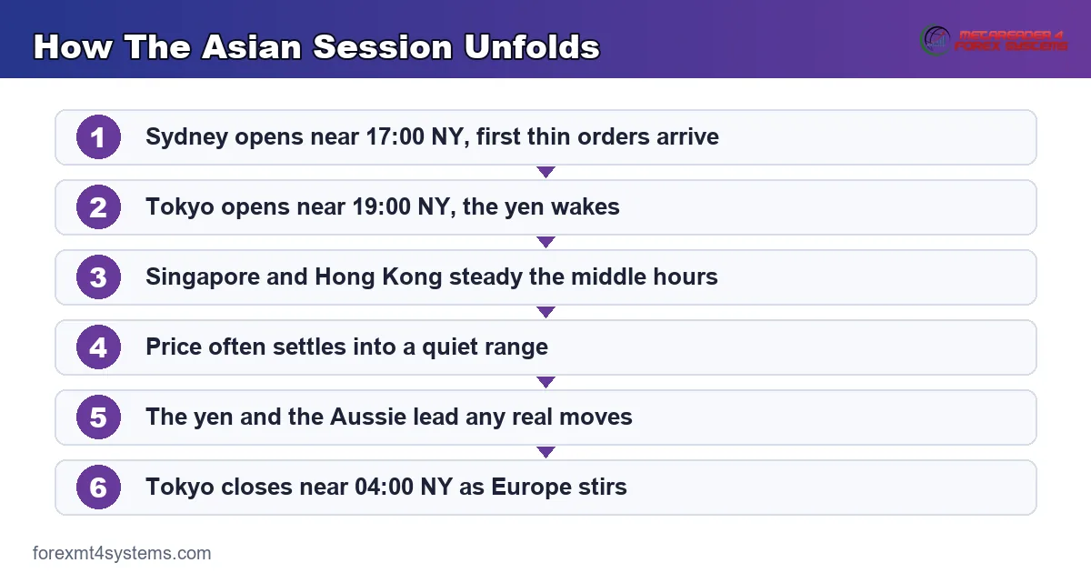 how the asian session unfolds from the Sydney open through Tokyo to the close near 04:00 NY