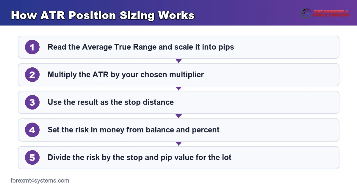 how atr sizing turns the average true range into a stop distance and a lot