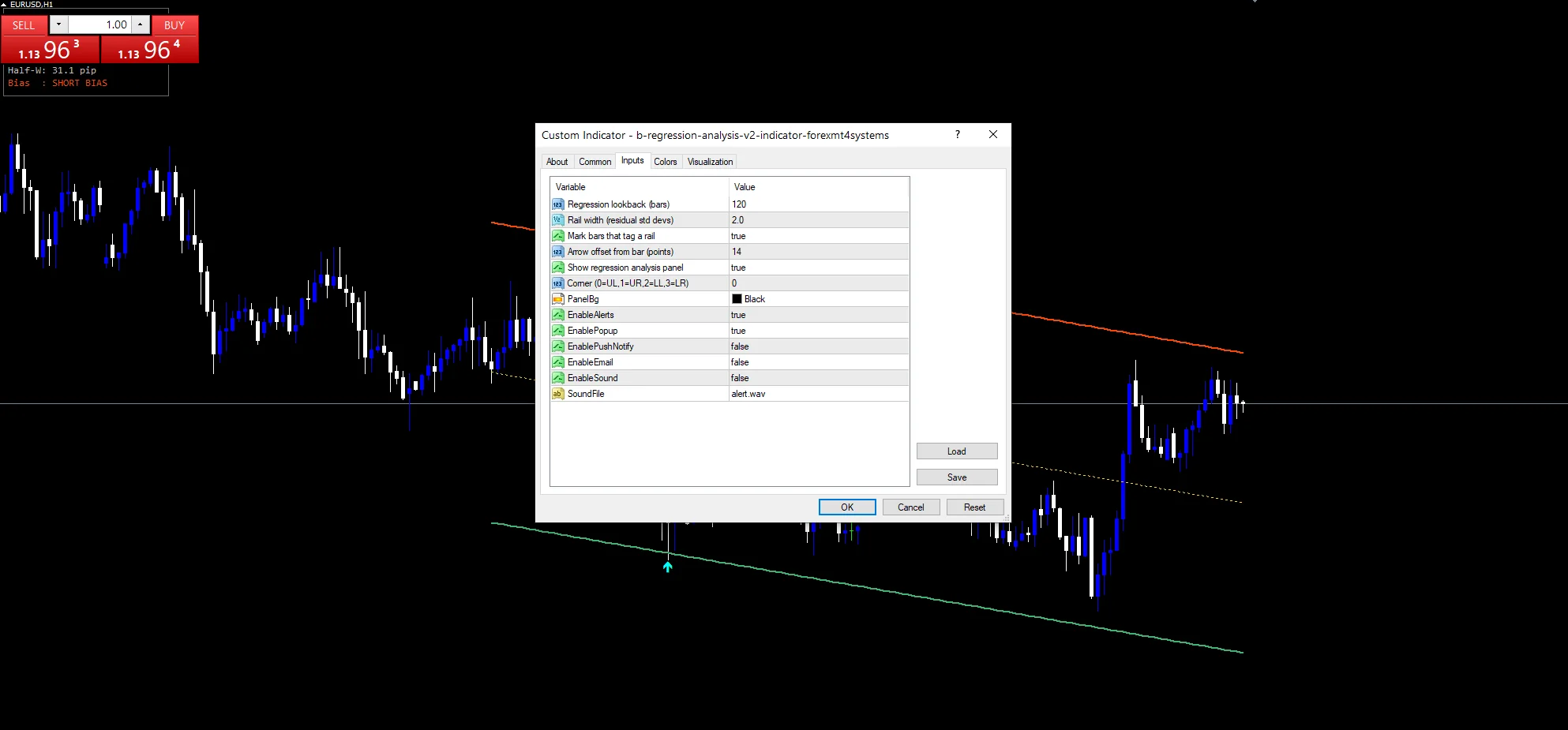 B Regression Analysis V2 Indicator - indicator inputs and settings panel