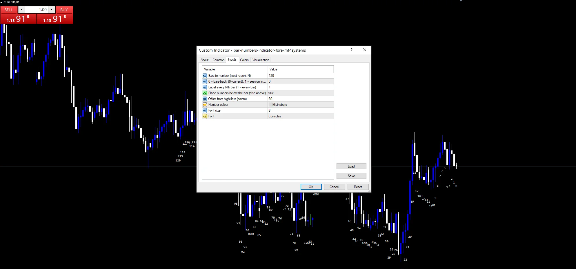 Bar numbers indicator inputs: InpNumBars, InpMode, InpStep, InpOffsetPts