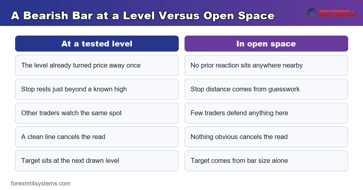 comparison panel of a bearish bar at a tested level set against the same bar in open space
