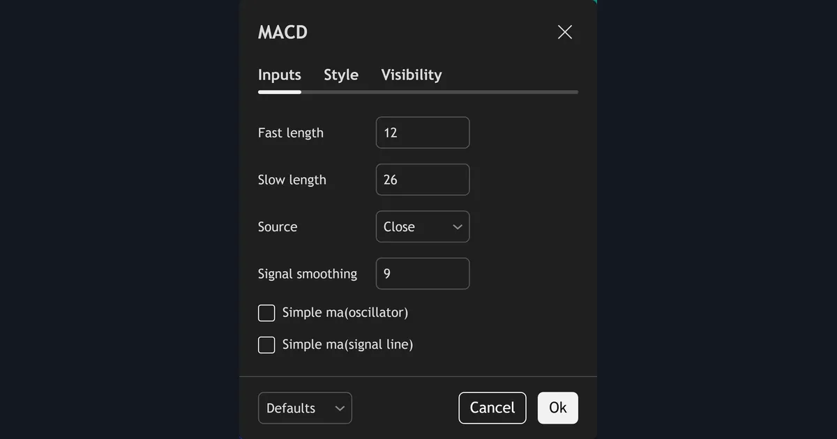 TradingView MACD indicator settings dialog showing the 12, 26, 9 inputs