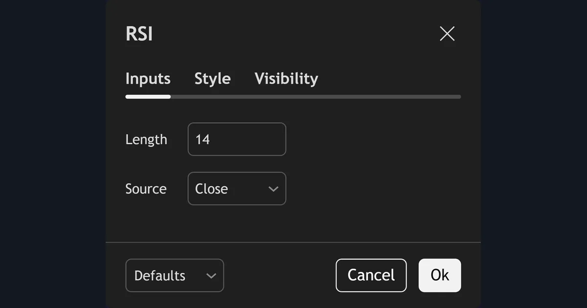 TradingView RSI indicator settings dialog showing Length 14 and Source Close