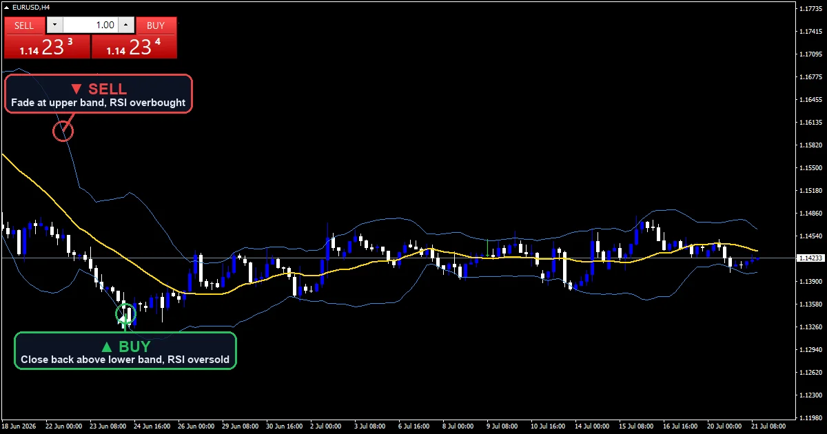 Bollinger Bands Mean Reversion Strategy chart with buy and sell signals