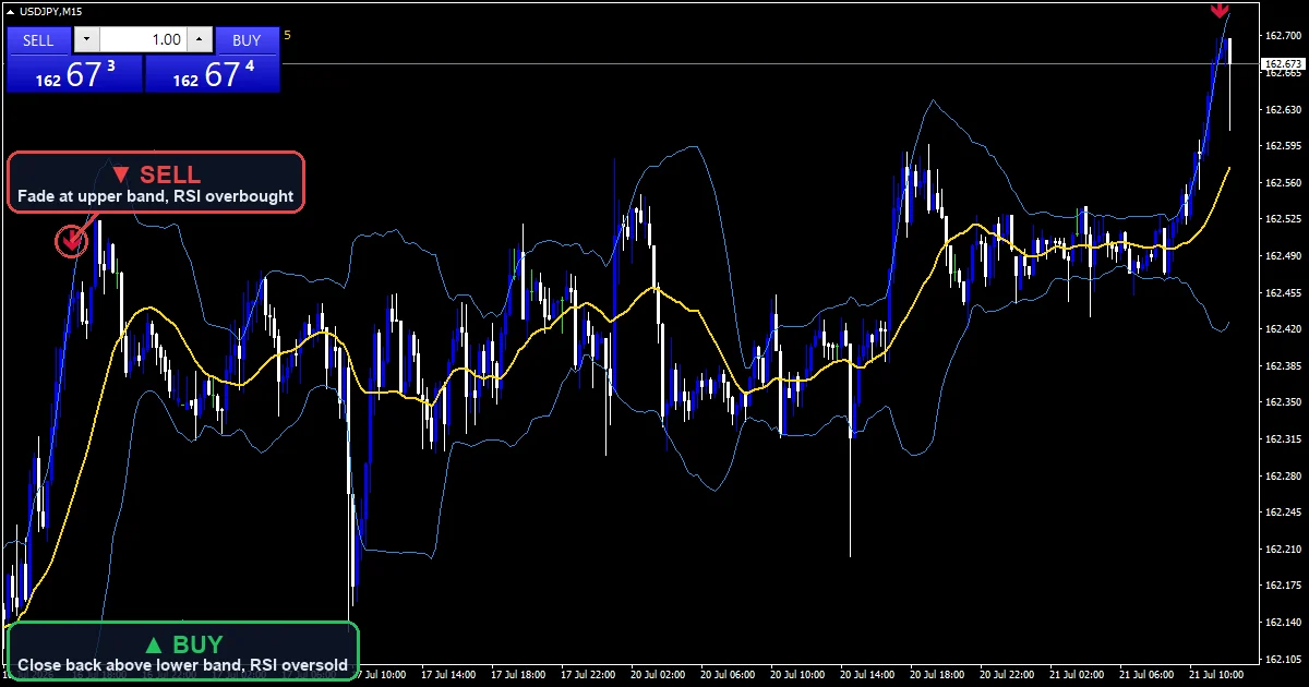 Bollinger Bands Mean Reversion Strategy chart with buy and sell signals
