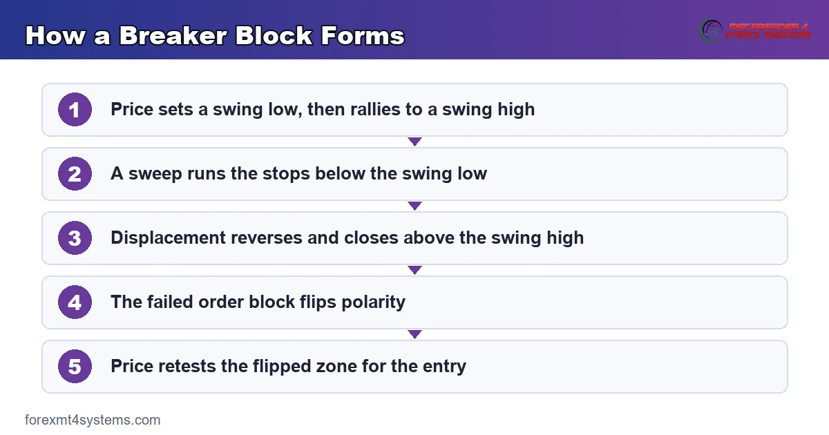 diagram of the five-stage breaker block formation sequence from liquidity sweep to retest entry