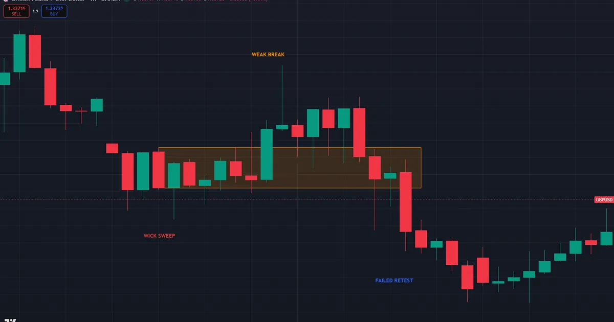wick-only sweep producing a weak breaker on EURUSD that fails as price closes back through the zone