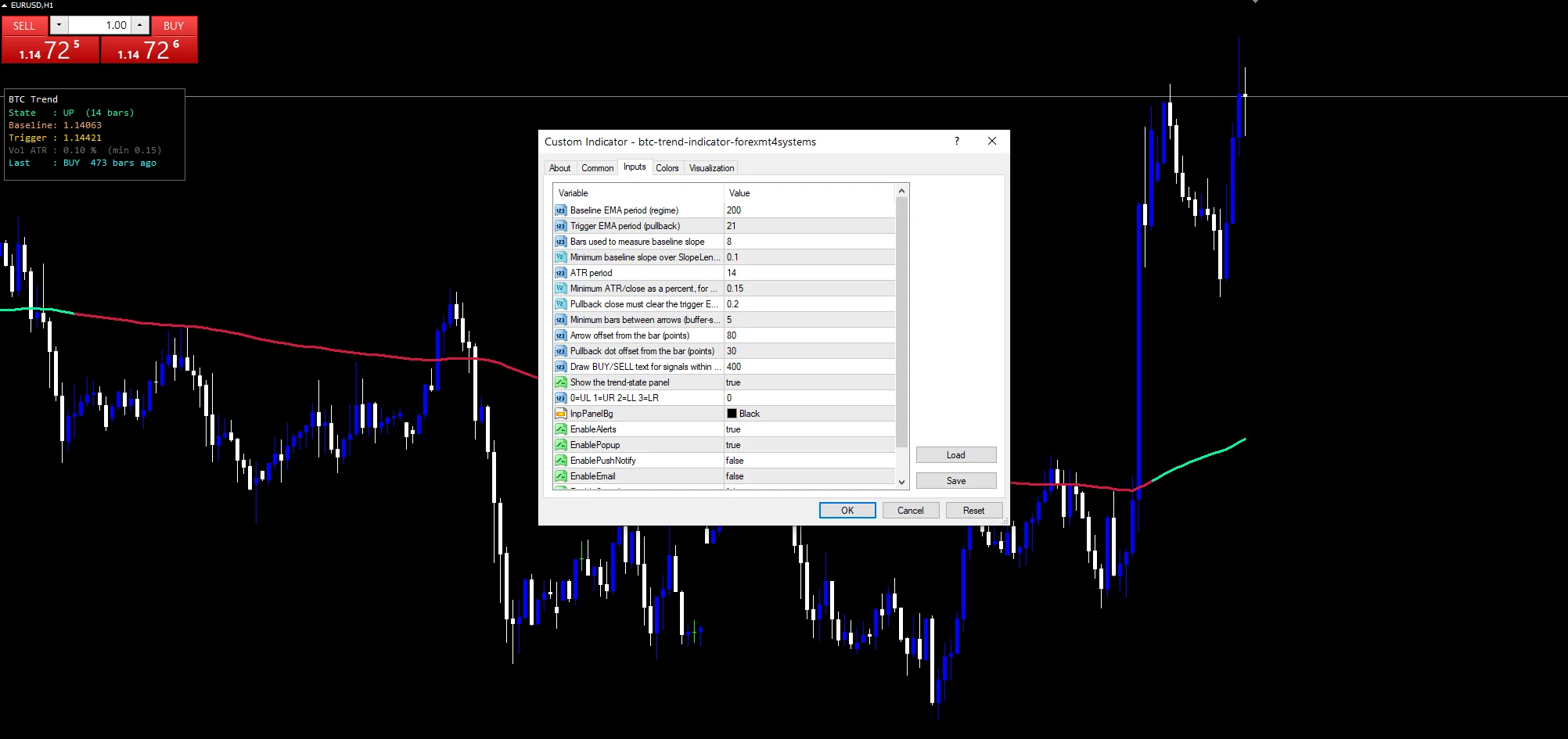 Btc Trend - indicator inputs and settings panel