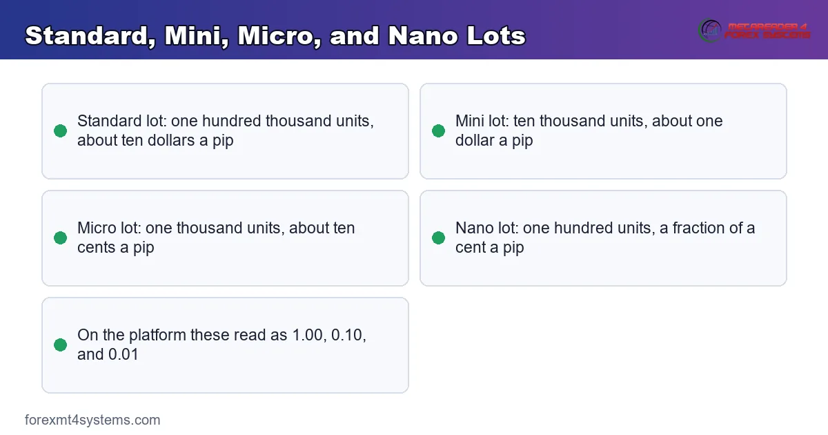 the standard, mini, micro, and nano lot units and the pip value that goes with each