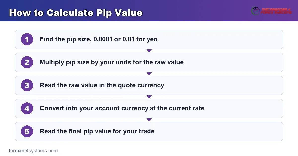 calculating pip value step by step - pip size times units, then convert to your account currency