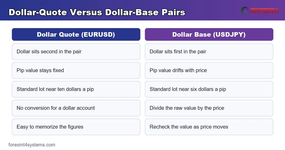dollar-quote versus dollar-base pairs - a fixed pip value on EURUSD against a drifting one on USDJPY