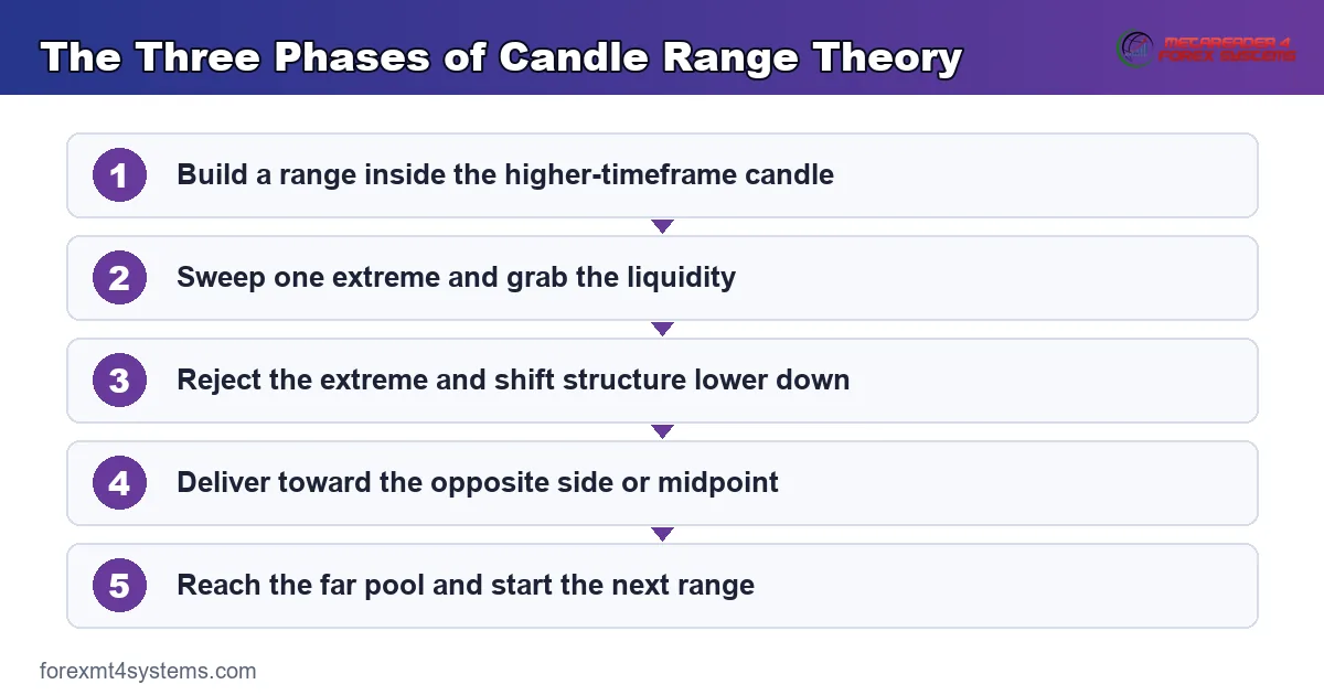 Diagram of the three candle range theory phases: range building, liquidity sweep and delivery to the far side