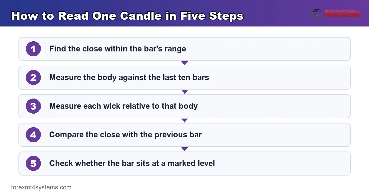 flow diagram: how to read one candle in five steps, from the close through to its location