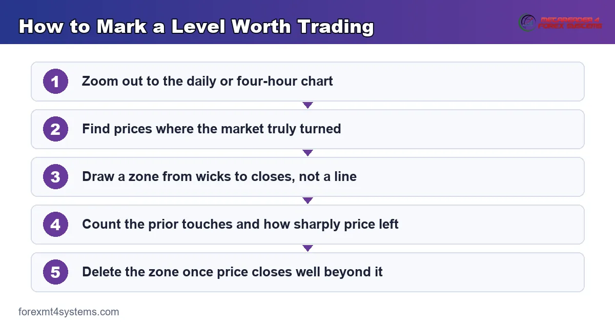flow diagram showing how to mark a level worth trading before any candle signal counts