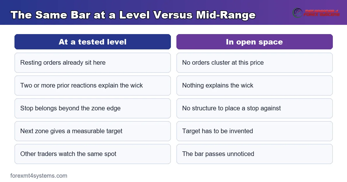 comparison panel of the same bar at a tested level versus the same bar in open space mid-range