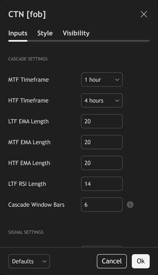higher timeframe bias indicator TradingView - Cascade Trigger Network inputs panel on TradingView