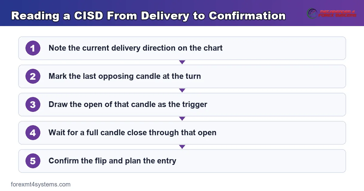CISD reading steps - mark the last opposing candle, draw its open, wait for the close