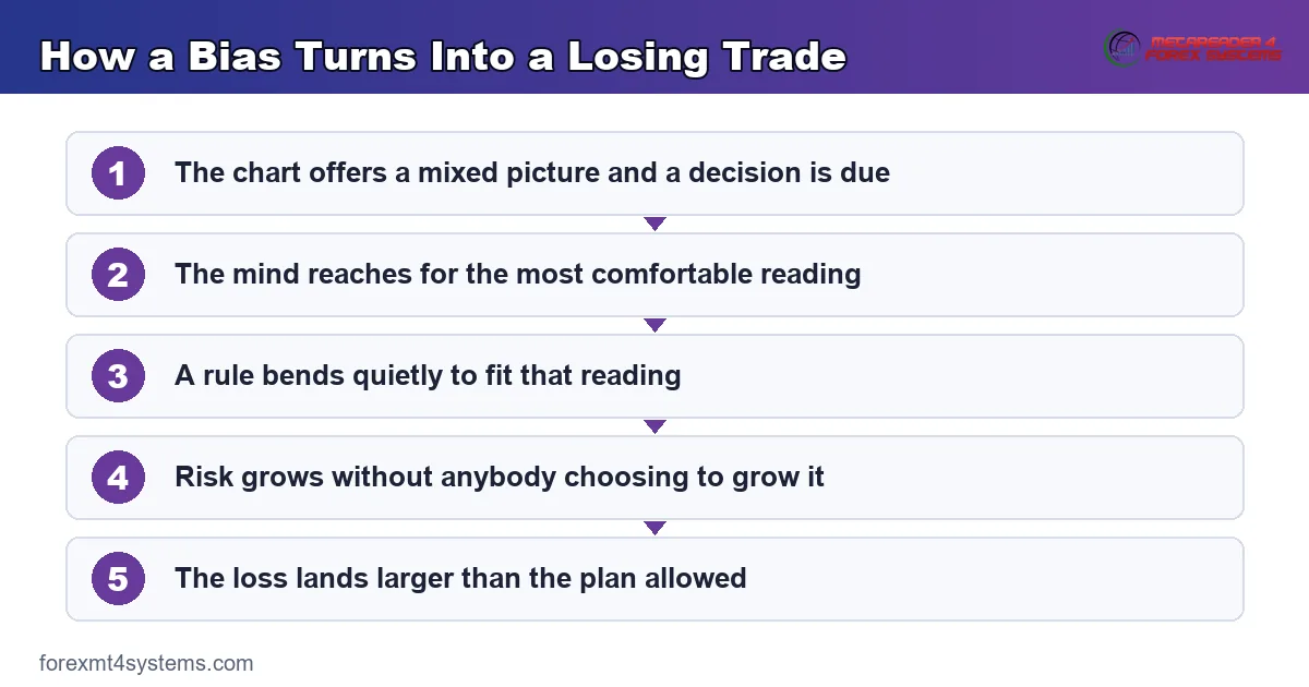 flow diagram of how a bias turns into a losing trade, from mixed chart data to an oversized loss