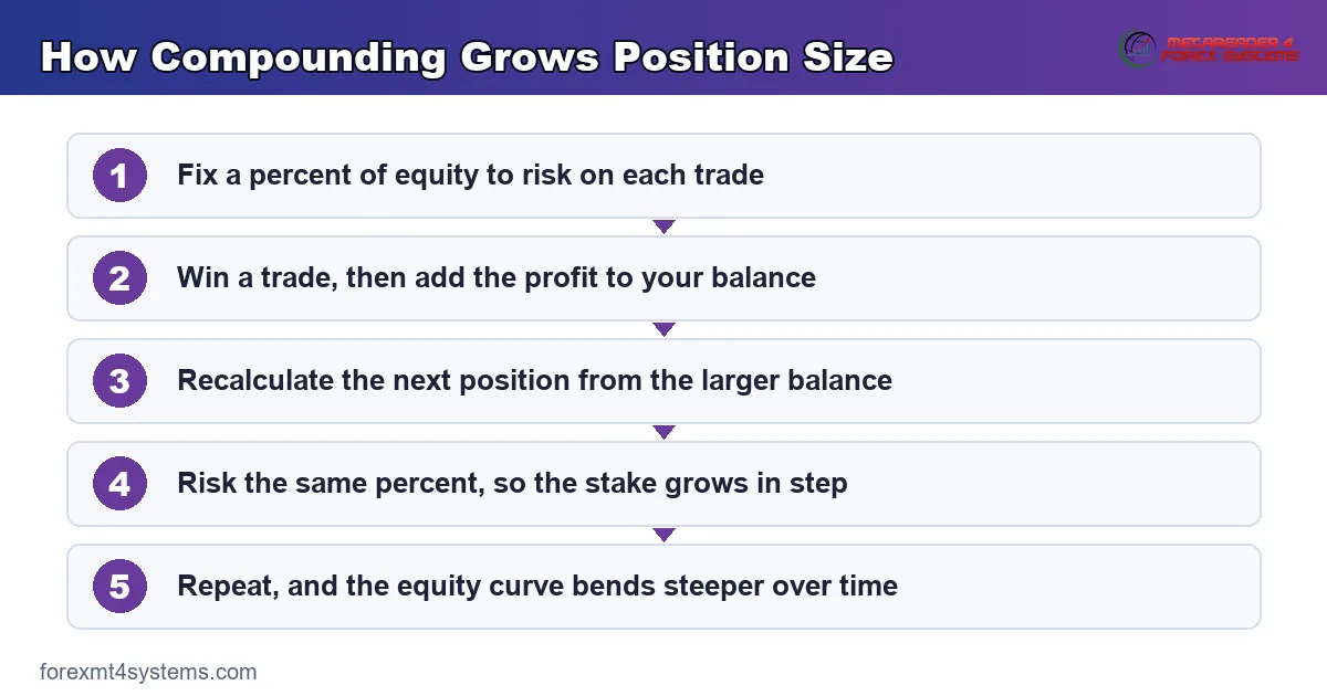 how compounding grows position size across a run of reinvested winning trades