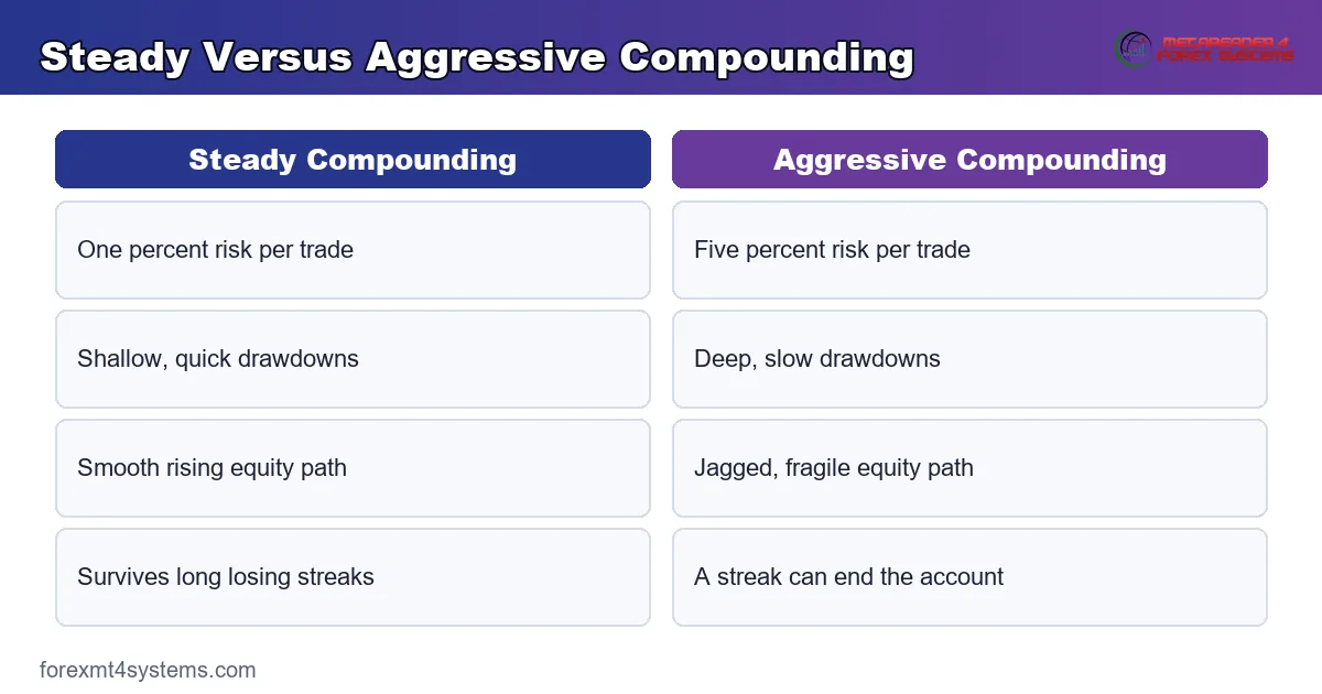 steady versus aggressive compounding compared by risk percent and equity path shape