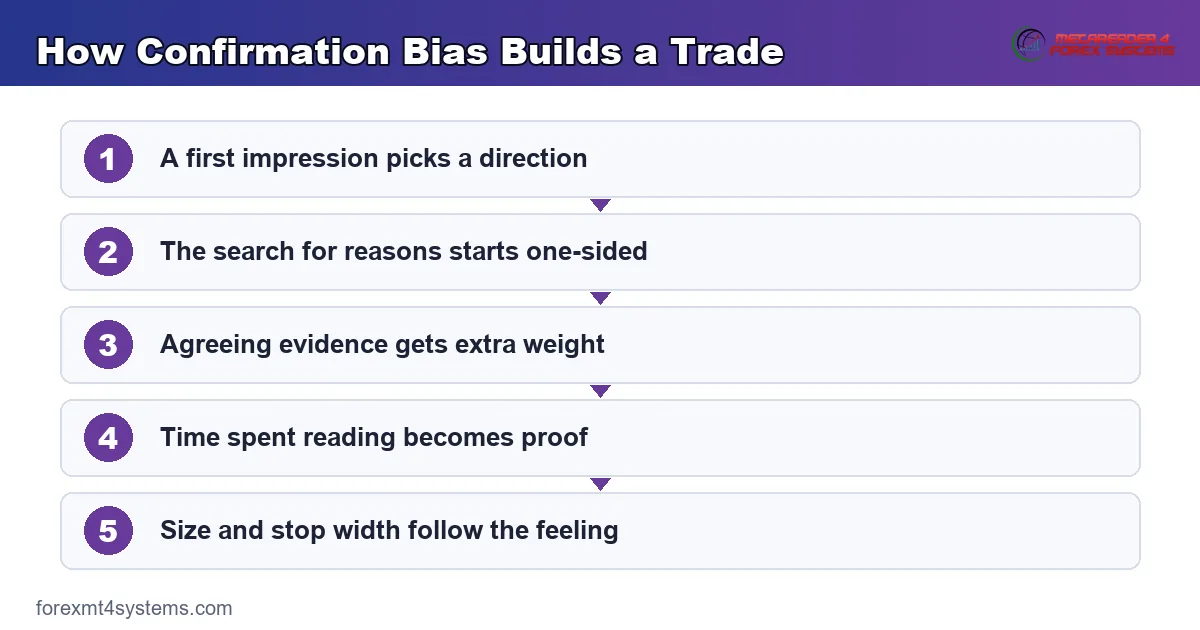 flow diagram of how confirmation bias builds a trade, from first impression to oversized position