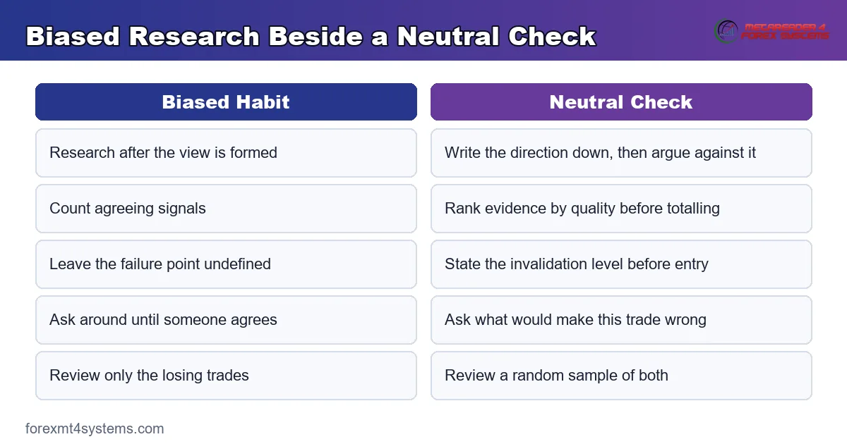 comparison panel of biased research habits beside the neutral check that replaces each one