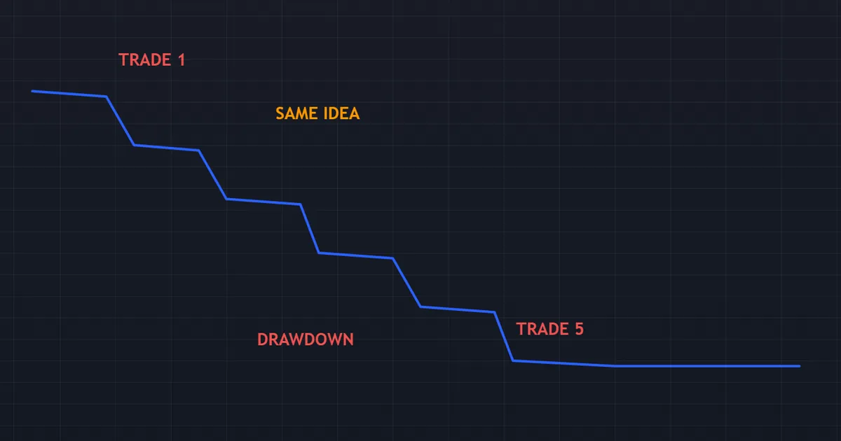 equity curve pitfall - five trades in one direction clustering into a single deep drawdown