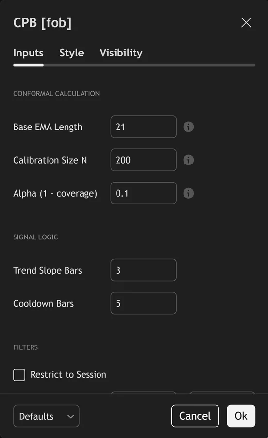 prediction bands indicator TradingView - Conformal Prediction Bands inputs panel on TradingView