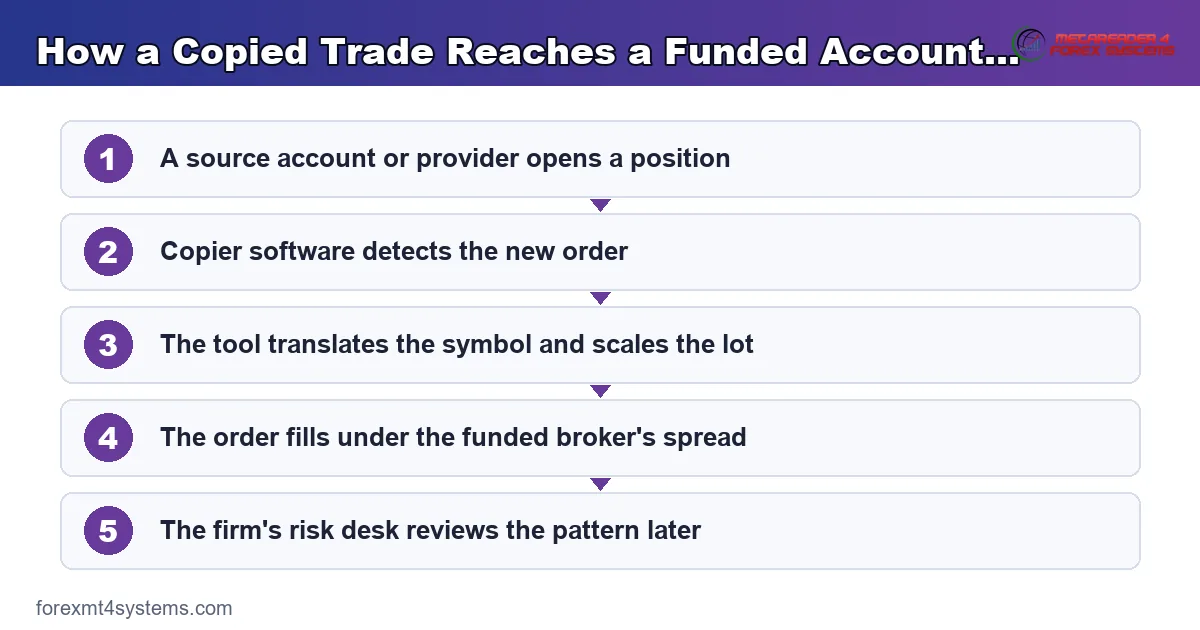 how a copied trade reaches a funded account, from the signal order to the firm's risk desk