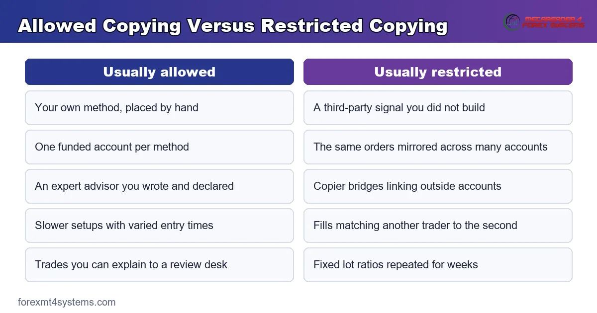 allowed copying set beside restricted copying, compared across signals, accounts and copier software