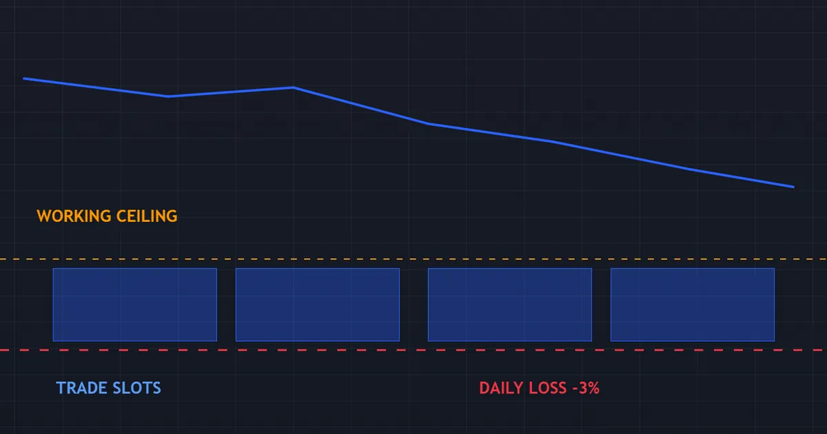 equity path above four trade-slot blocks that split the allowance down to the daily loss line