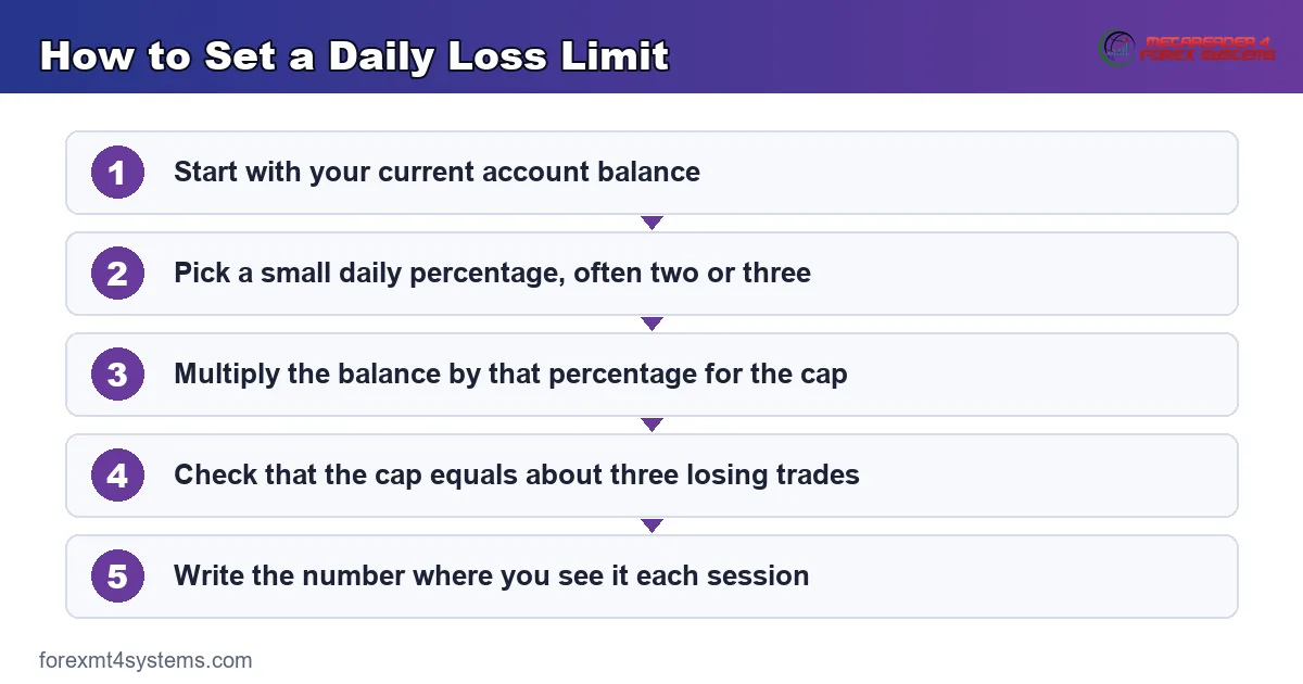 how to set a daily loss limit from a multiple of per-trade risk, shown as a short flow of steps
