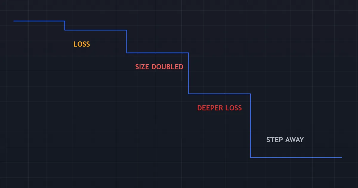 equity curve steepening as size climbs after each loss, the escalation a written pause prevents