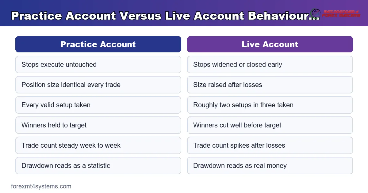 comparison panel setting practice account behaviour beside live account behaviour across six moments