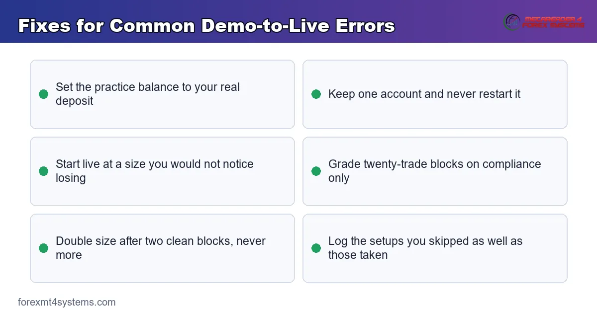 keypoints panel of fixes for common demo-to-live errors, from balance size to block grading