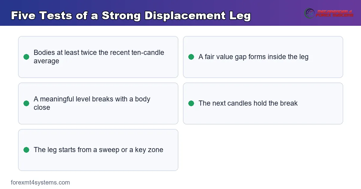 five tests of a strong displacement leg shown on one reference card