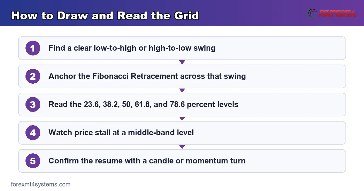 fibonacci retracement grid - the 23.6, 38.2, 50, 61.8, and 78.6 percent levels mapped across one swing