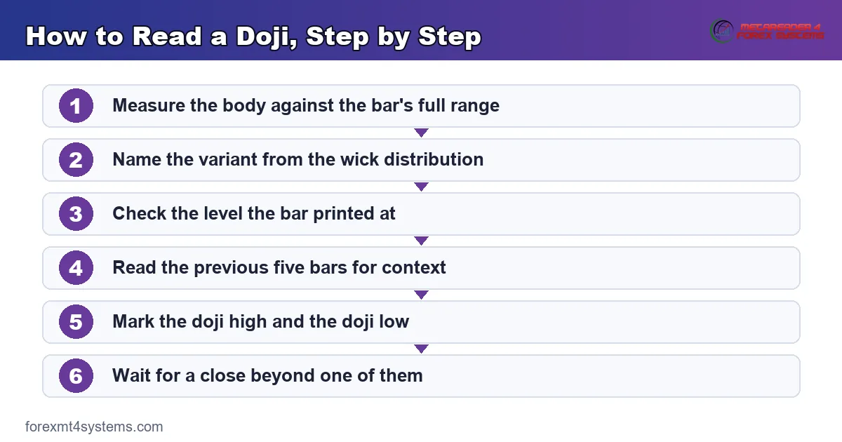 flow diagram showing how to read a doji step by step, from body threshold through to the confirming close