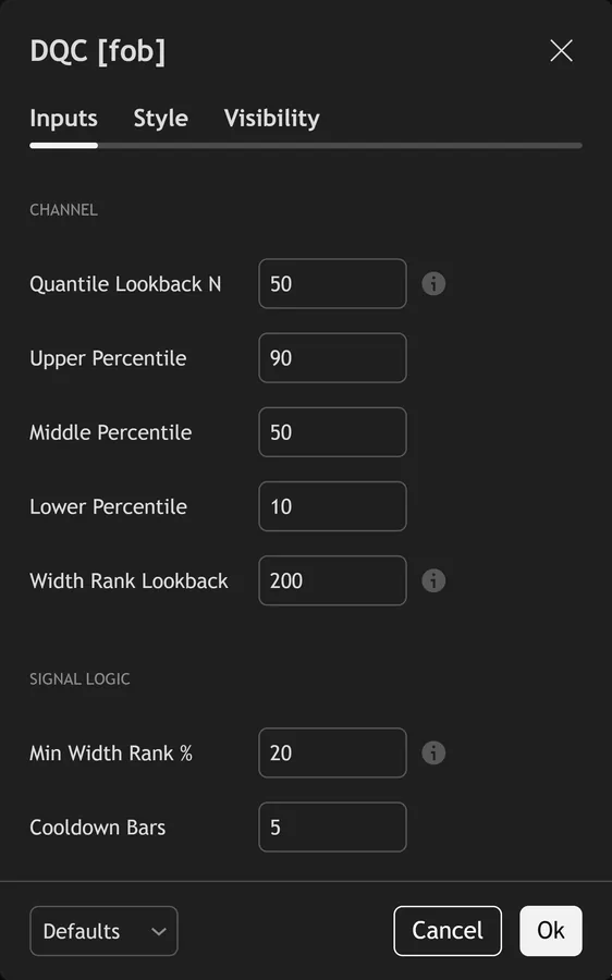 donchian channel indicator TradingView - Donchian Quantile Channel inputs panel on TradingView